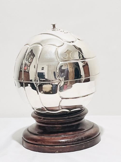 novelty silver plated shot glasses holder on actual sized football - CATEGORY: ANTIQUE SILVER - DATED 1950