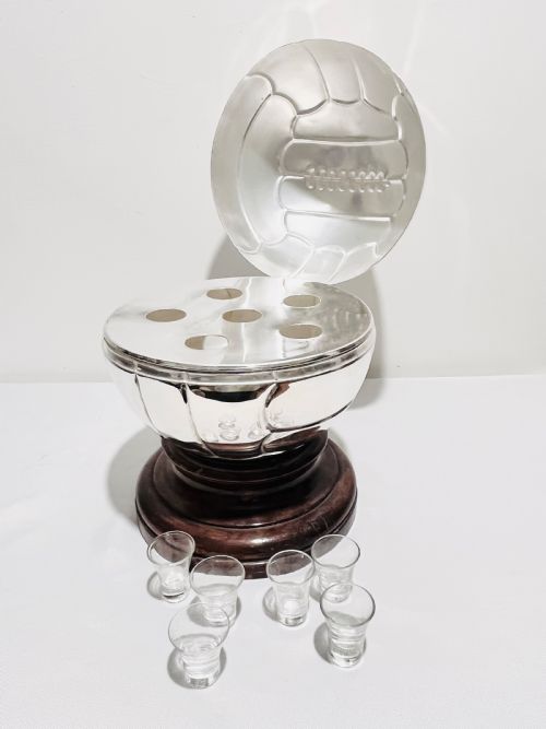 NOVELTY SILVER PLATED SHOT GLASSES HOLDER ON ACTUAL SIZED FOOTBALL - ADDITIONAL PHOTO 1