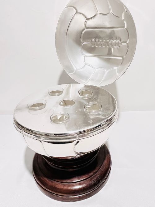 NOVELTY SILVER PLATED SHOT GLASSES HOLDER ON ACTUAL SIZED FOOTBALL - ADDITIONAL PHOTO 2