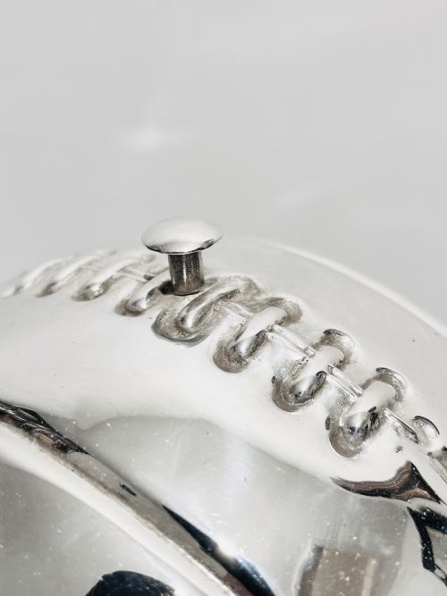 NOVELTY SILVER PLATED SHOT GLASSES HOLDER ON ACTUAL SIZED FOOTBALL - ADDITIONAL PHOTO 3