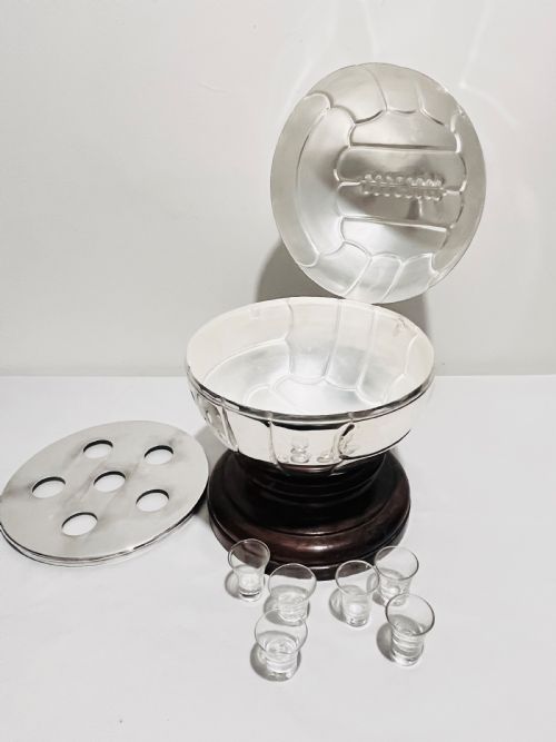 NOVELTY SILVER PLATED SHOT GLASSES HOLDER ON ACTUAL SIZED FOOTBALL - ADDITIONAL PHOTO 4