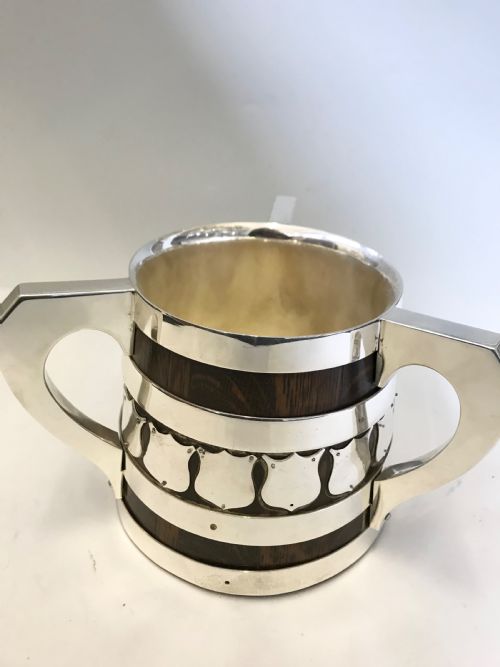 antique oak silver plated tyg or loving cup c1900 - CATEGORY: ANTIQUE SILVER - DATED 1900