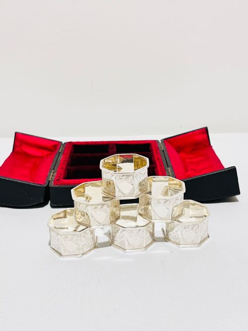 victorian silver plated set of 6 boxed napkin rings c1880 - CATEGORY: ANTIQUE SILVER - DATED 1880
