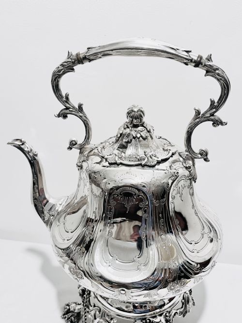 ANTIQUE SILVER PLATED KETTLE ON STAND C1880 BY WILLIAM PADLEY - ADDITIONAL PHOTO 3
