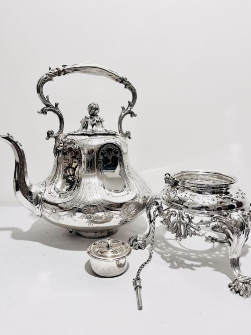 ANTIQUE SILVER PLATED KETTLE ON STAND C1880 BY WILLIAM PADLEY - ADDITIONAL PHOTO 5