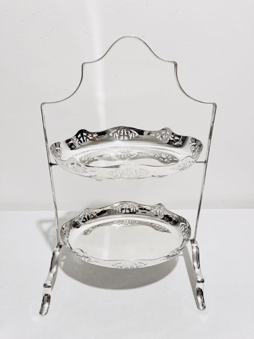 SILVER PLATED 2 TIER CAKE STAND WITH ORIGINAL PLATES C1940 - ADDITIONAL PHOTO 1
