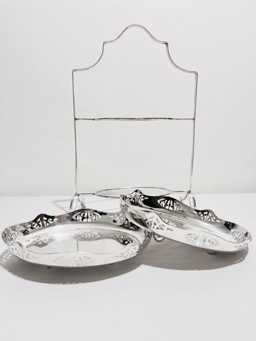 SILVER PLATED 2 TIER CAKE STAND WITH ORIGINAL PLATES C1940 - ADDITIONAL PHOTO 2