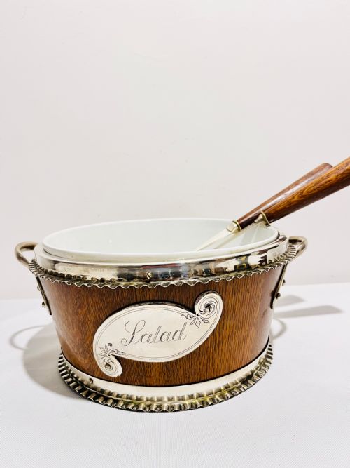 antique silver plated and oak salad bowl c1880 - CATEGORY: ANTIQUE SILVER - DATED 1880