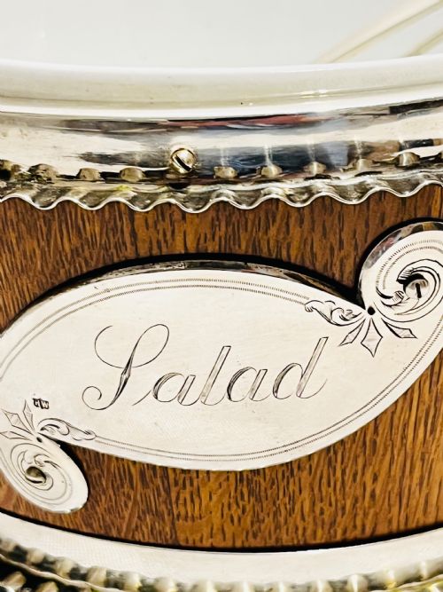 ANTIQUE SILVER PLATED AND OAK SALAD BOWL C1880 - ADDITIONAL PHOTO 1
