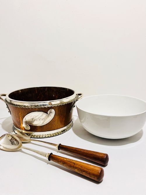ANTIQUE SILVER PLATED AND OAK SALAD BOWL C1880 - ADDITIONAL PHOTO 3