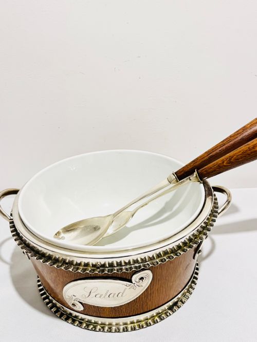 ANTIQUE SILVER PLATED AND OAK SALAD BOWL C1880 - ADDITIONAL PHOTO 5