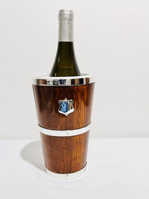 WINE BOTTLE HOLDER OAK AND SILVER PLATED C1920 - ADDITIONAL PHOTO 1