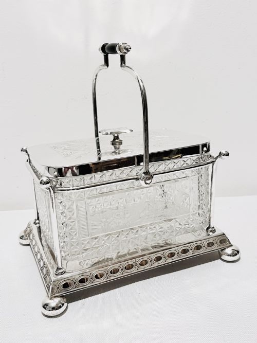 antique c1880 silver plated and cut glass biscuit box - CATEGORY: ANTIQUE SILVER - DATED 1880