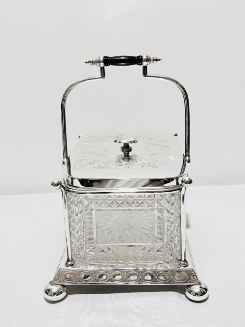 ANTIQUE C1880 SILVER PLATED AND CUT GLASS BISCUIT BOX - ADDITIONAL PHOTO 1