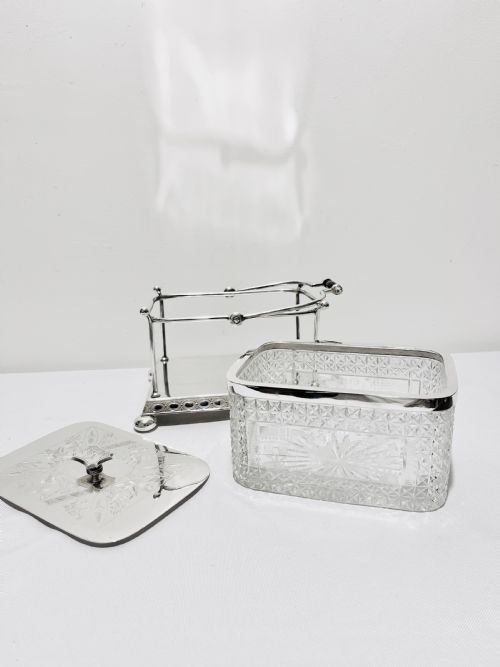 ANTIQUE C1880 SILVER PLATED AND CUT GLASS BISCUIT BOX - ADDITIONAL PHOTO 2