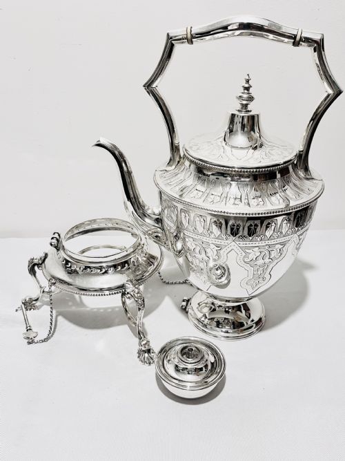 ANTIQUE SILVER PLATED TEA KETTLE ON STAND BY FREDERIK ELLIS TIM CO C1880 - ADDITIONAL PHOTO 2