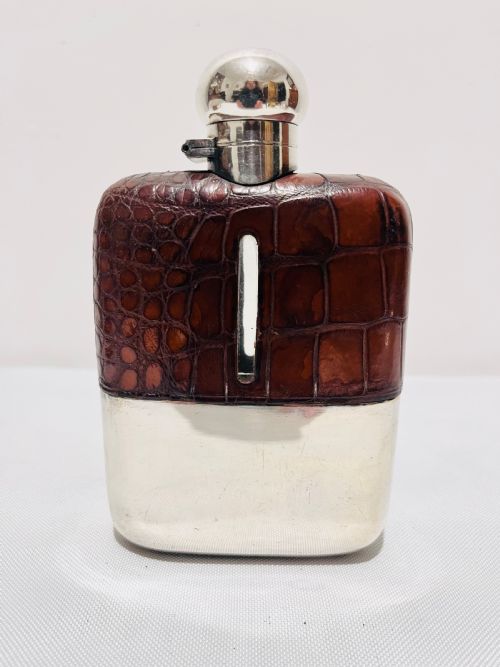 antique silver plated crocodile skin hip flask c1880 - CATEGORY: ANTIQUE SILVER - DATED 1880