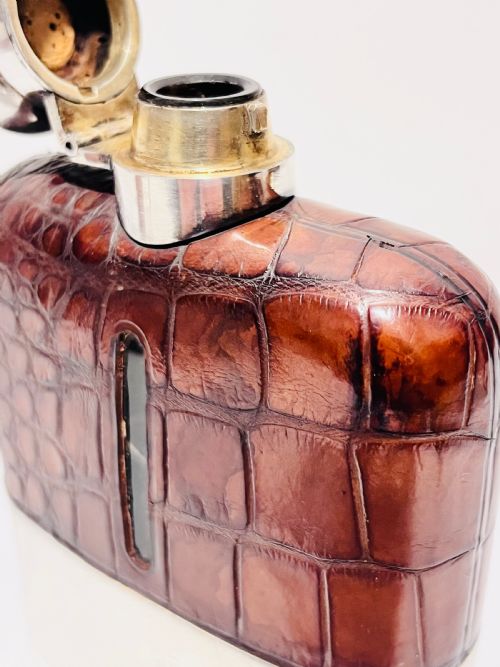 ANTIQUE SILVER PLATED CROCODILE SKIN HIP FLASK C1880 - ADDITIONAL PHOTO 2