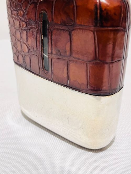 ANTIQUE SILVER PLATED CROCODILE SKIN HIP FLASK C1880 - ADDITIONAL PHOTO 3