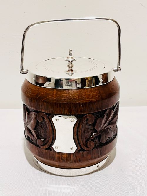 silver plated carved oak and silver plated biscuit box or ice box - CATEGORY: ANTIQUE BOXES - DATED 1930