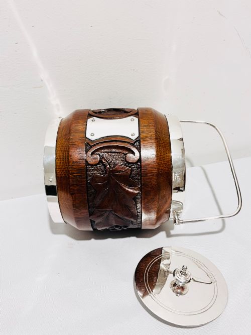 SILVER PLATED CARVED OAK AND SILVER PLATED BISCUIT BOX OR ICE BOX - ADDITIONAL PHOTO 1