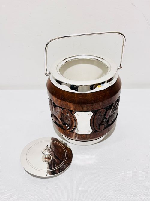 SILVER PLATED CARVED OAK AND SILVER PLATED BISCUIT BOX OR ICE BOX - ADDITIONAL PHOTO 2