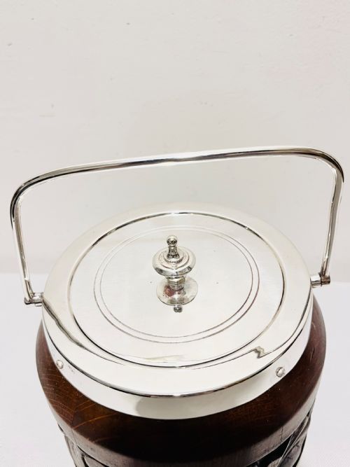 SILVER PLATED CARVED OAK AND SILVER PLATED BISCUIT BOX OR ICE BOX - ADDITIONAL PHOTO 3