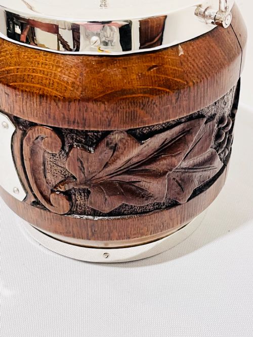 SILVER PLATED CARVED OAK AND SILVER PLATED BISCUIT BOX OR ICE BOX - ADDITIONAL PHOTO 4