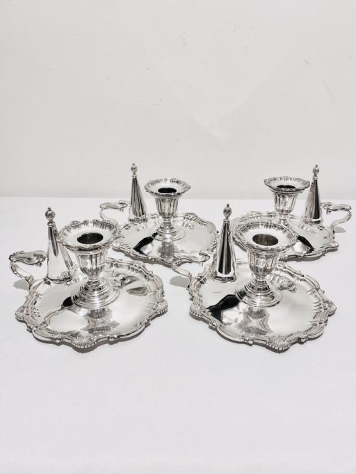 set of 4 matching antique silver plated chamber sticks c1880 - CATEGORY: ANTIQUE SILVER - DATED 1880