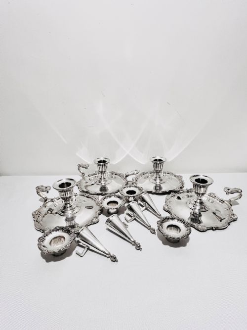 SET OF 4 MATCHING ANTIQUE SILVER PLATED CHAMBER STICKS C1880 - ADDITIONAL PHOTO 4