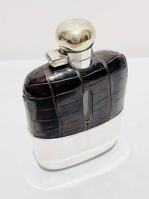 antique silver plated and crocodile skin hip flask c1900 - CATEGORY: ANTIQUE SILVER - DATED 1900