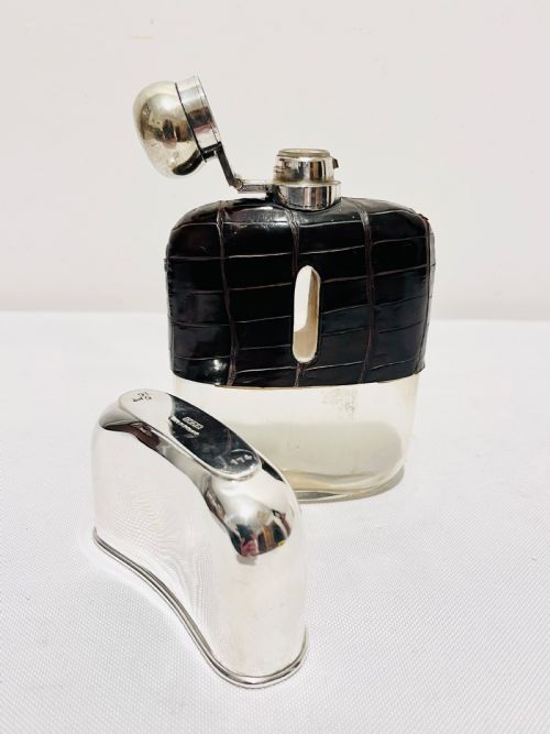 ANTIQUE SILVER PLATED AND CROCODILE SKIN HIP FLASK C1900 - ADDITIONAL PHOTO 3