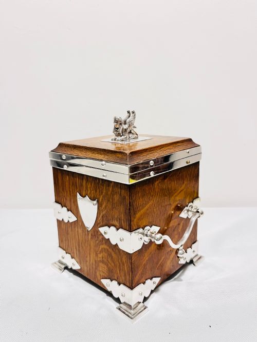 antique silver plated oak biscuit box c1880 - CATEGORY: ANTIQUE BOXES - DATED 1880