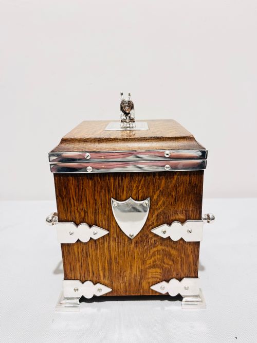 ANTIQUE SILVER PLATED OAK BISCUIT BOX C1880 - ADDITIONAL PHOTO 1