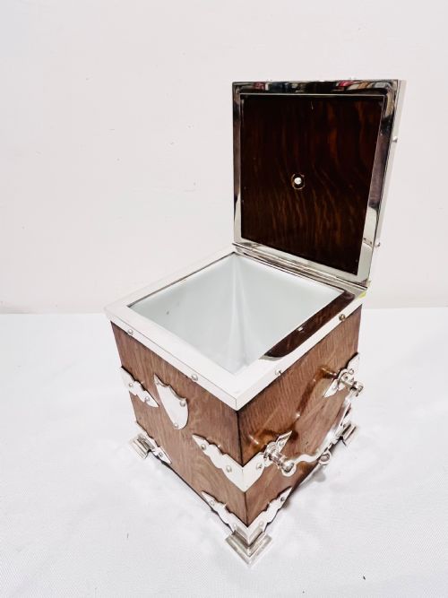 ANTIQUE SILVER PLATED OAK BISCUIT BOX C1880 - ADDITIONAL PHOTO 5