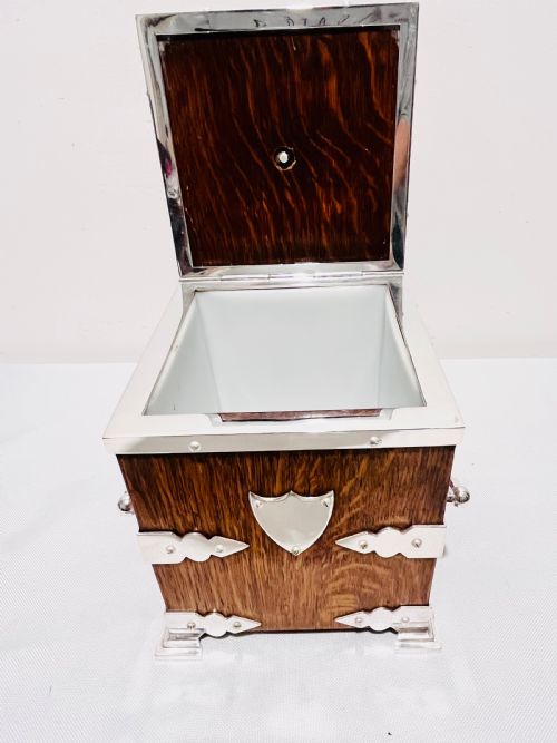 ANTIQUE SILVER PLATED OAK BISCUIT BOX C1880 - ADDITIONAL PHOTO 6