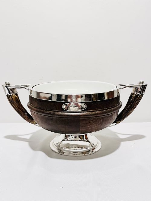 antique silver plated and oak salad bowl with antler handles - CATEGORY: ANTIQUE SILVER - DATED 1880