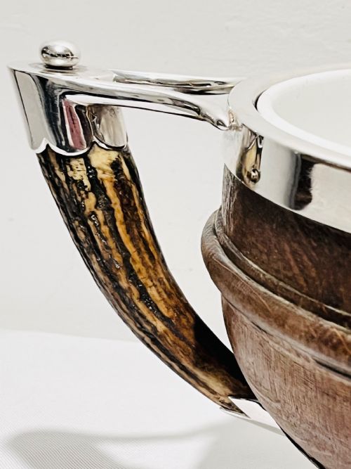ANTIQUE SILVER PLATED AND OAK SALAD BOWL WITH ANTLER HANDLES - ADDITIONAL PHOTO 2
