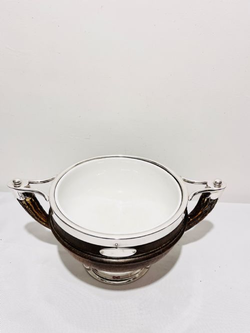 ANTIQUE SILVER PLATED AND OAK SALAD BOWL WITH ANTLER HANDLES - ADDITIONAL PHOTO 4