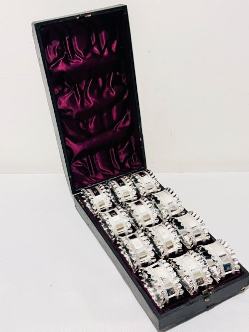 set of 12 boxed antique silver plated napkin rings c1900 - CATEGORY: ANTIQUE SILVER - DATED 1900
