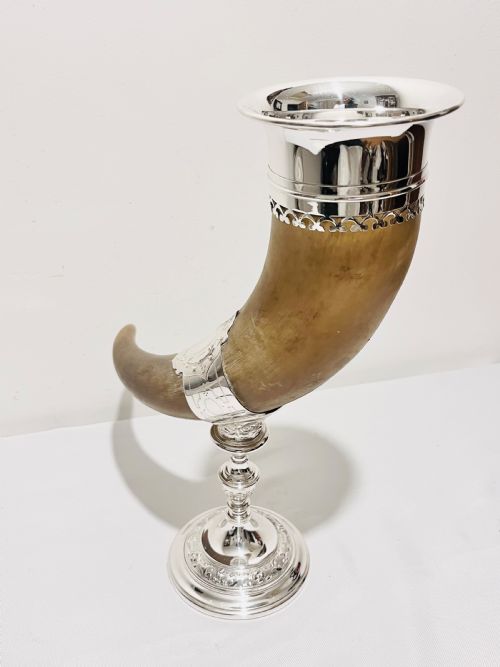 ANTIQUE SILVER PLATED COW HORN HORN OF PLENTY - ADDITIONAL PHOTO 1