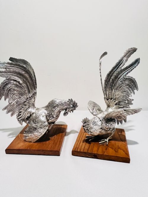 pair antique silver plated fighting cockerels - CATEGORY: ANTIQUE SILVER - DATED 1920