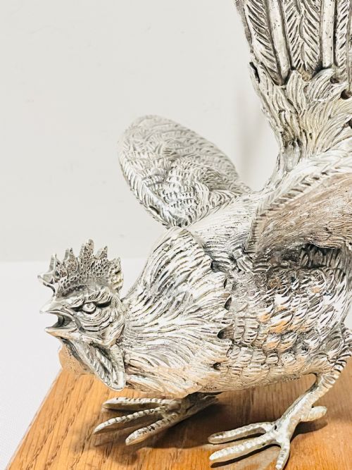 PAIR ANTIQUE SILVER PLATED FIGHTING COCKERELS - ADDITIONAL PHOTO 4
