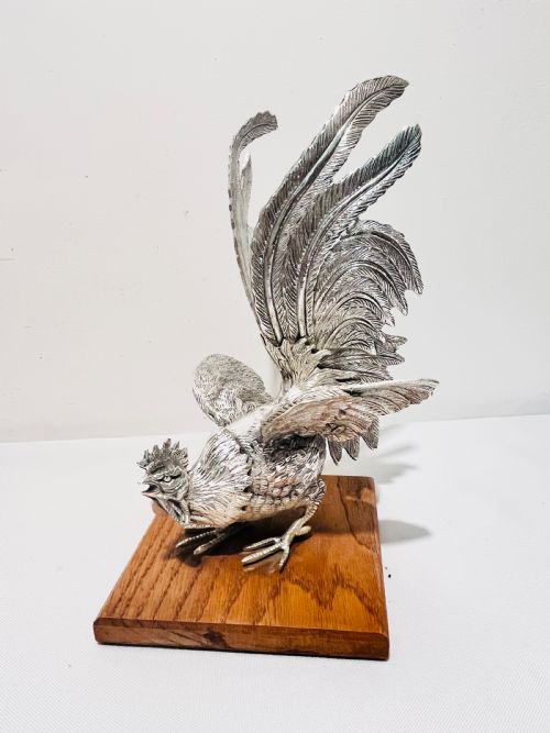 PAIR ANTIQUE SILVER PLATED FIGHTING COCKERELS - ADDITIONAL PHOTO 5