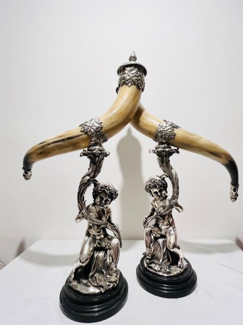 magnificent pair silver plated mounted cow horns c1900 - CATEGORY: ANTIQUE SILVER - DATED 1900