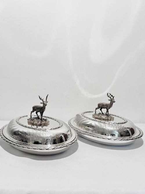 antique silver plated pair of entree dishes with deer keys c1880 - CATEGORY: ANTIQUE SILVER - DATED 1880