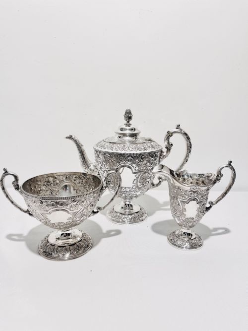 handsome antique silver plated tea set with acorn finial c1880 - CATEGORY: ANTIQUE SILVER - DATED 1880