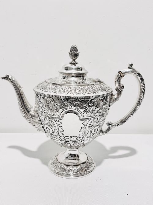 HANDSOME ANTIQUE SILVER PLATED TEA SET WITH ACORN FINIAL C1880 - ADDITIONAL PHOTO 1