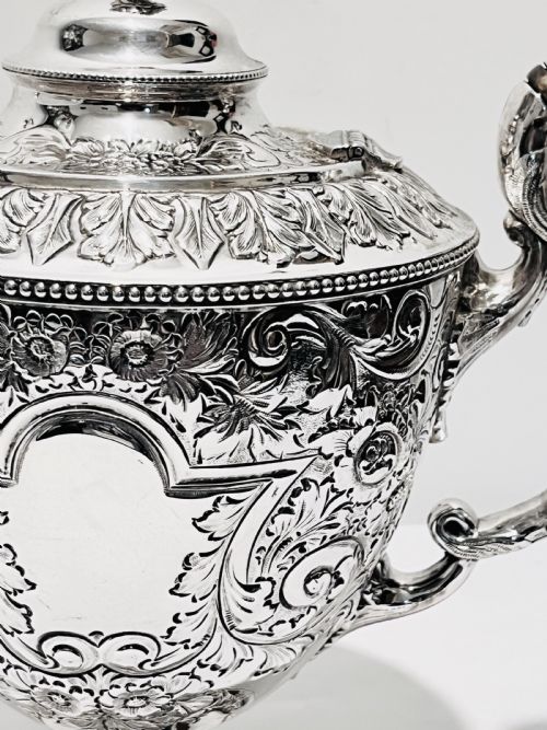 HANDSOME ANTIQUE SILVER PLATED TEA SET WITH ACORN FINIAL C1880 - ADDITIONAL PHOTO 3