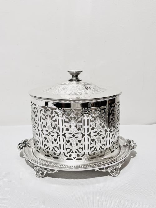 antique silver plated oval biscuit box with original liner c1880 - CATEGORY: ANTIQUE SILVER - DATED 1880